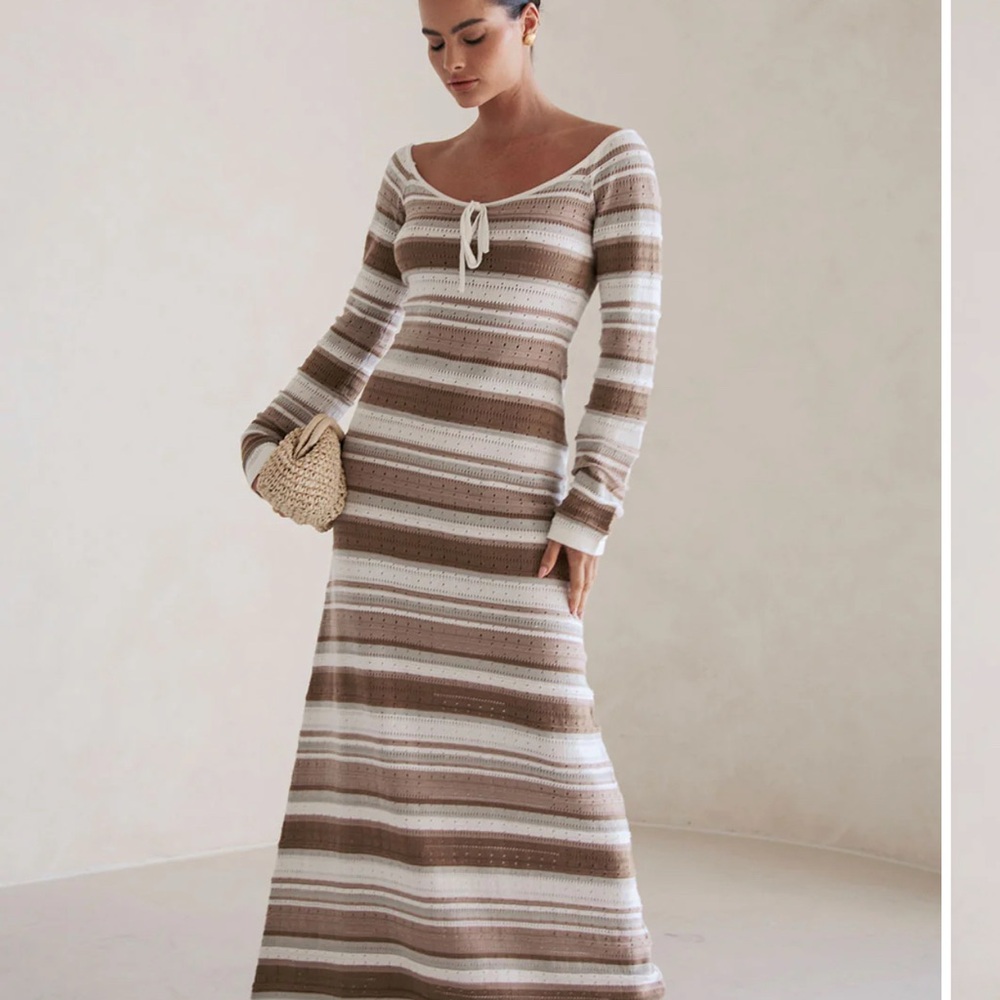 Sabo Skirt Long Sleeve Striped Dress in Cream and Brown